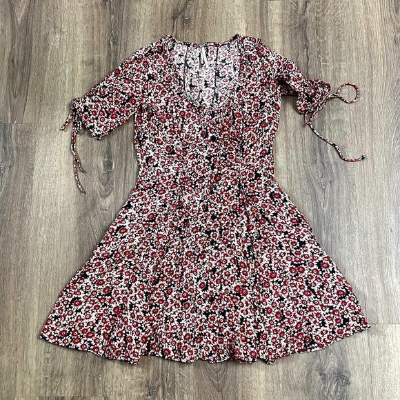 Free People Red Floral Lace Up Summer Short Dress Sz XS - Picture 3 of 16